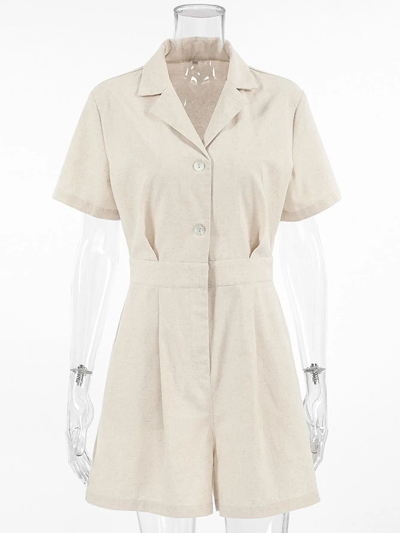 Button-Front Short Sleeve Romper in Beige