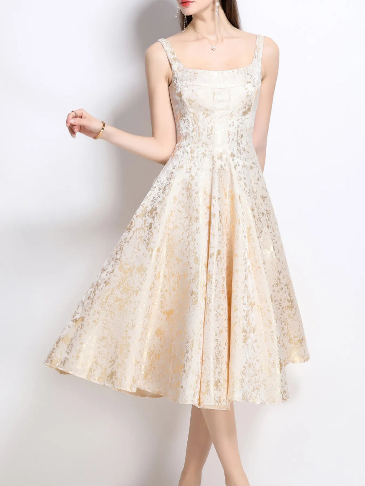 A-Line Floral Midi Dress in Apricot