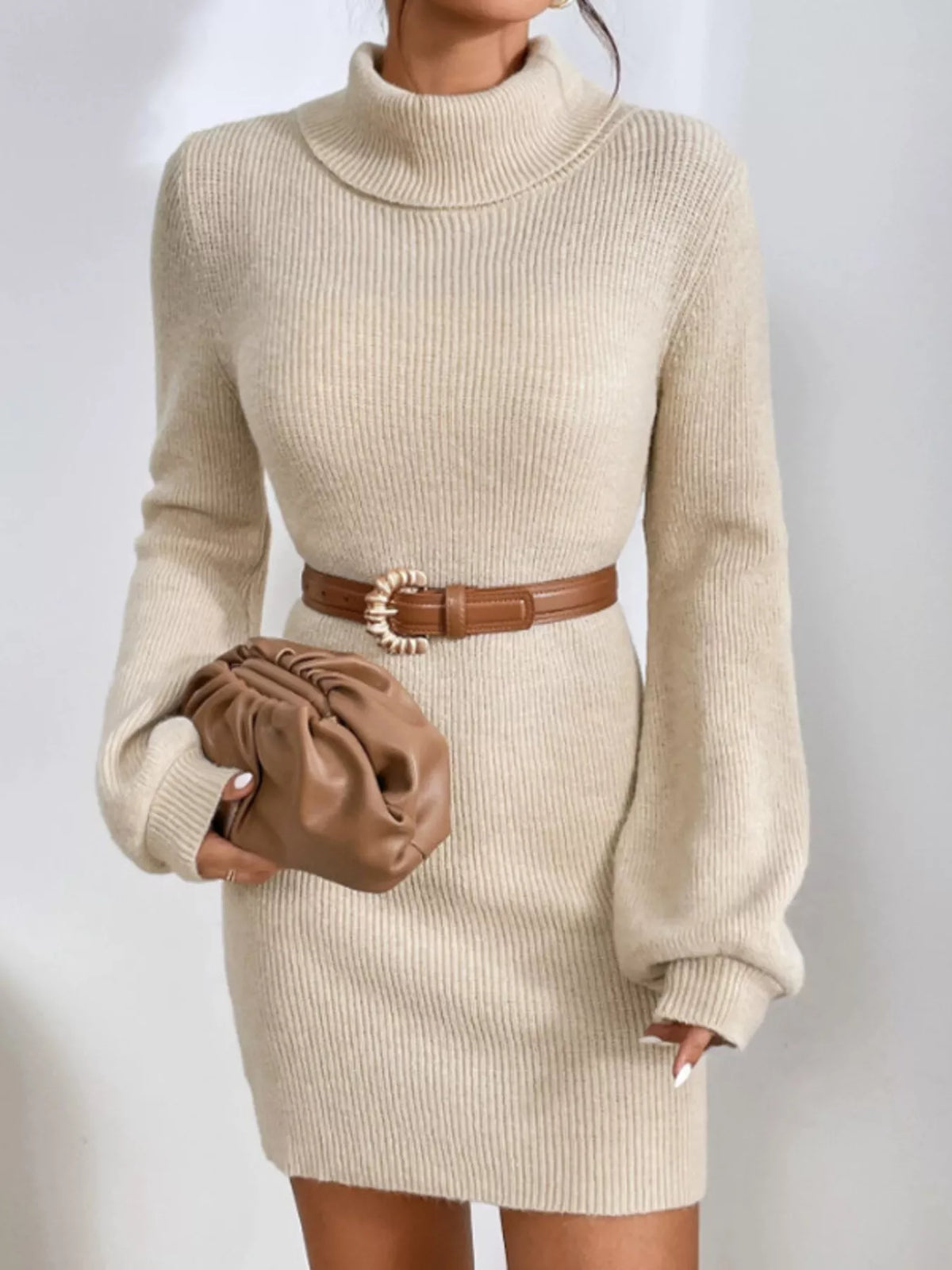 Turtleneck Ribbed Knit Sweater Dress
