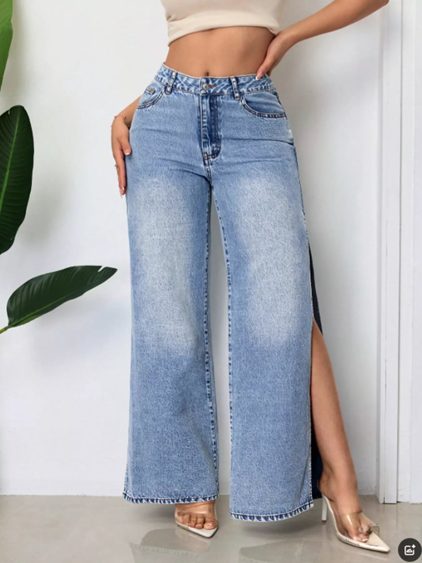 High-Waisted Wide-Leg Jeans with Side Slits in Blue