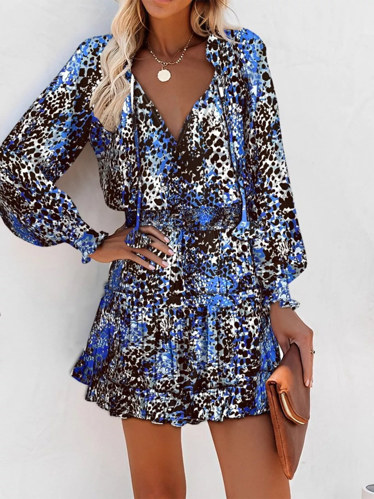 Tie-Neck Lantern Sleeve Dress with Tiered Ruffles