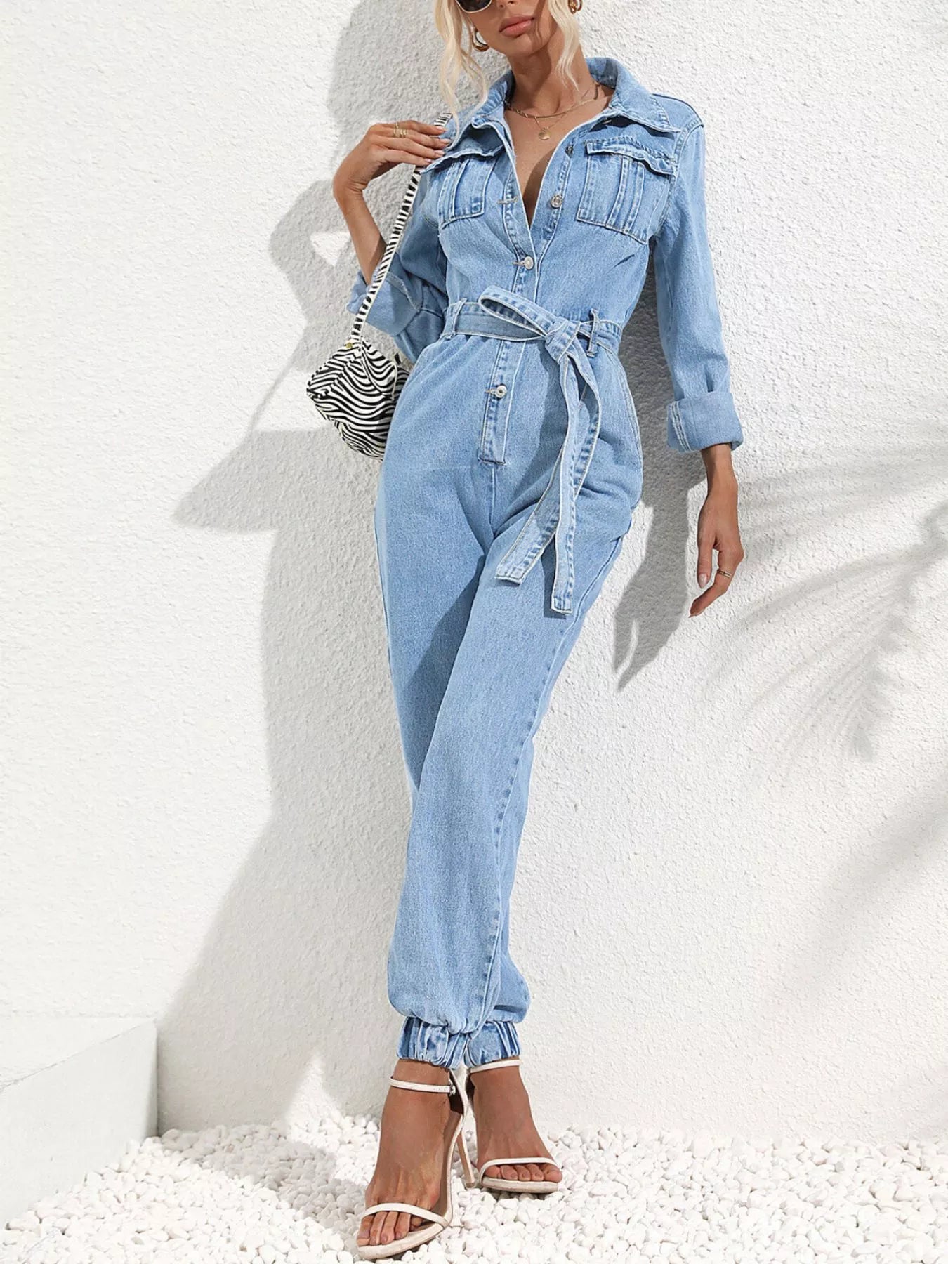 Button Front Belted Denim Jumpsuit in Medium Blue