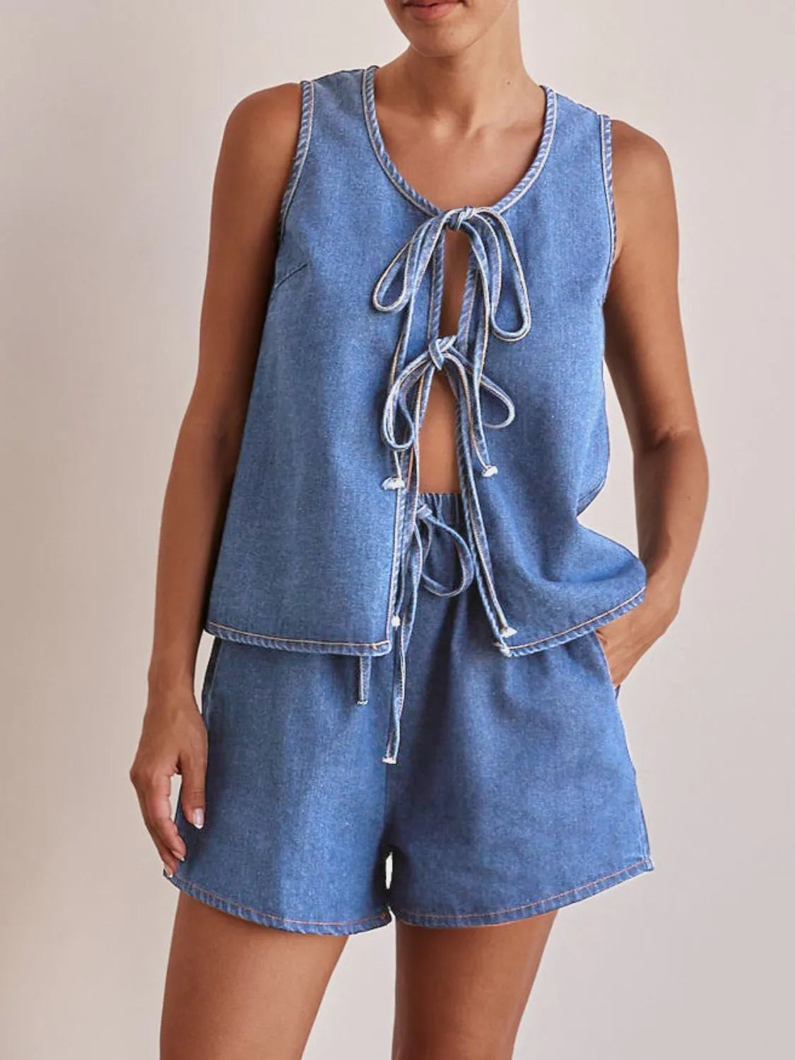 Tie-Front Vest and Shorts Denim Set