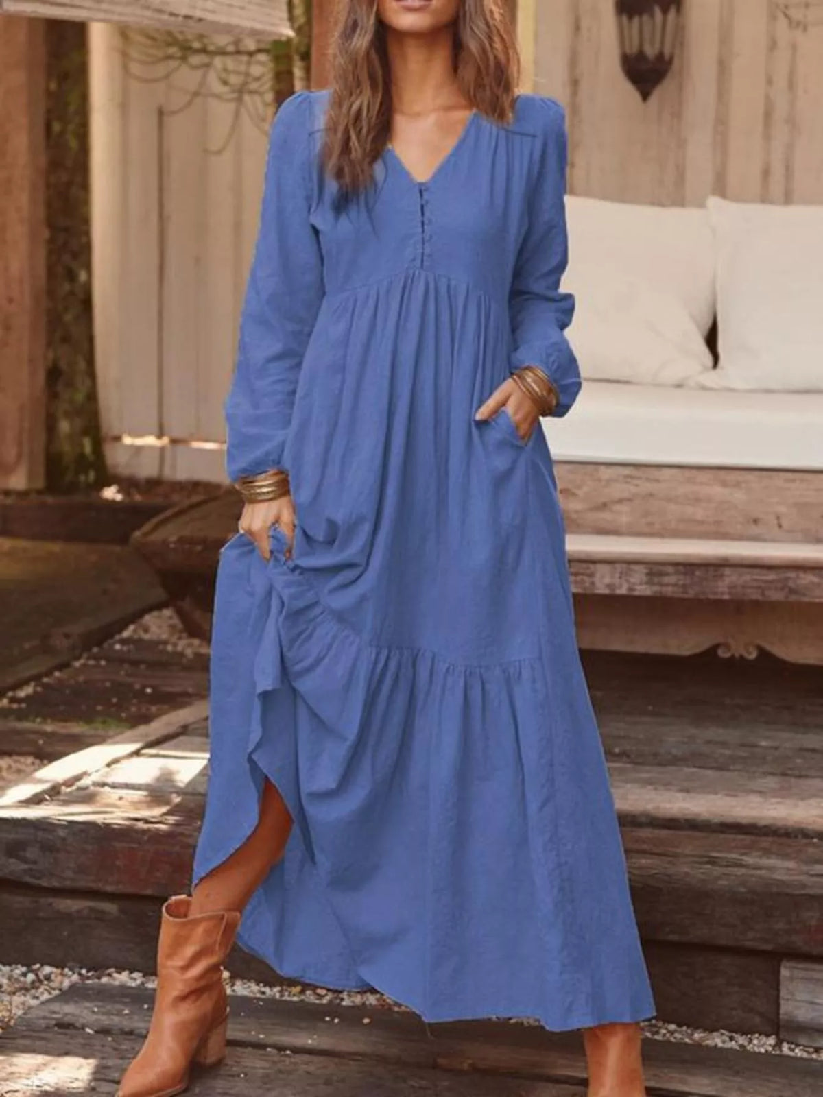 V-Neck Long Sleeve Tiered Maxi Dress with Pockets