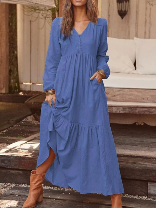 V-Neck Long Sleeve Tiered Maxi Dress with Pockets