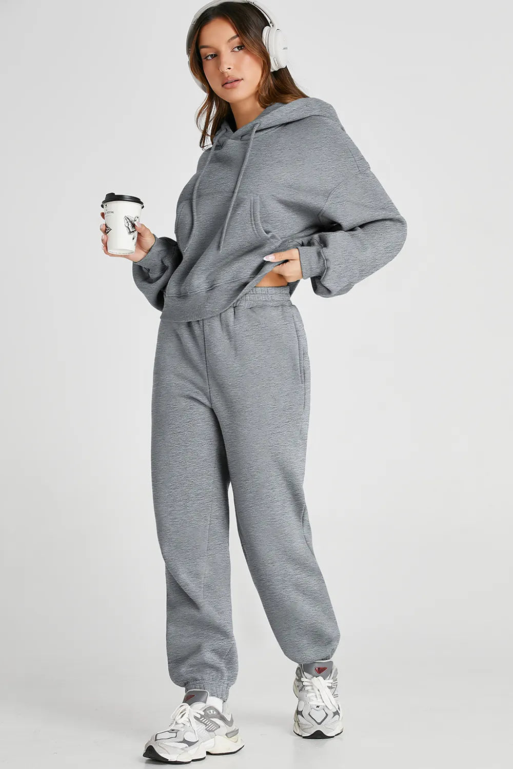 Dropped Shoulder Hooded Active Set in Gray