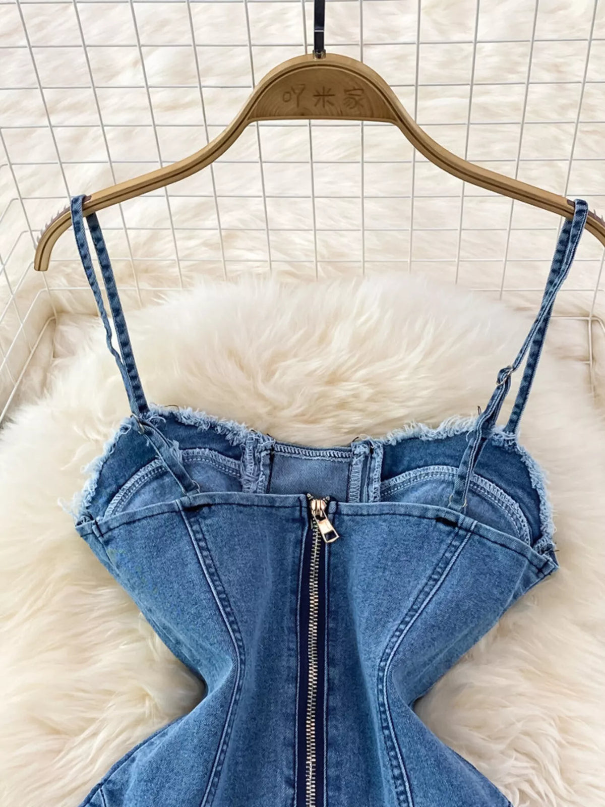 Lace-Up Denim A-Line Mini Dress in Blue