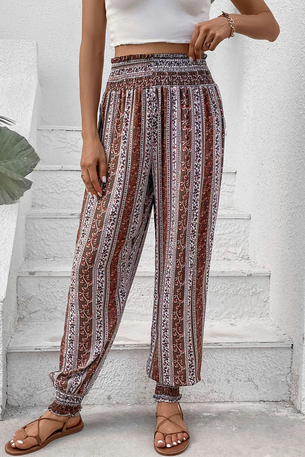 Smocked High-Waist Pants in Multicolor