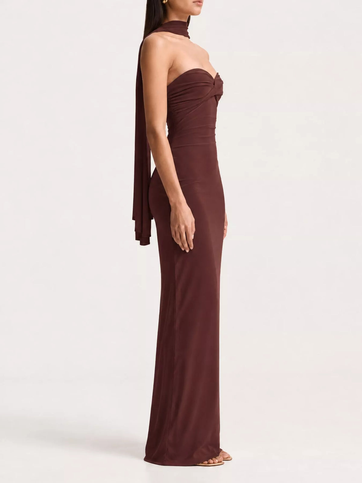 Strapless Ruched Bodycon Maxi Dress with Scarf