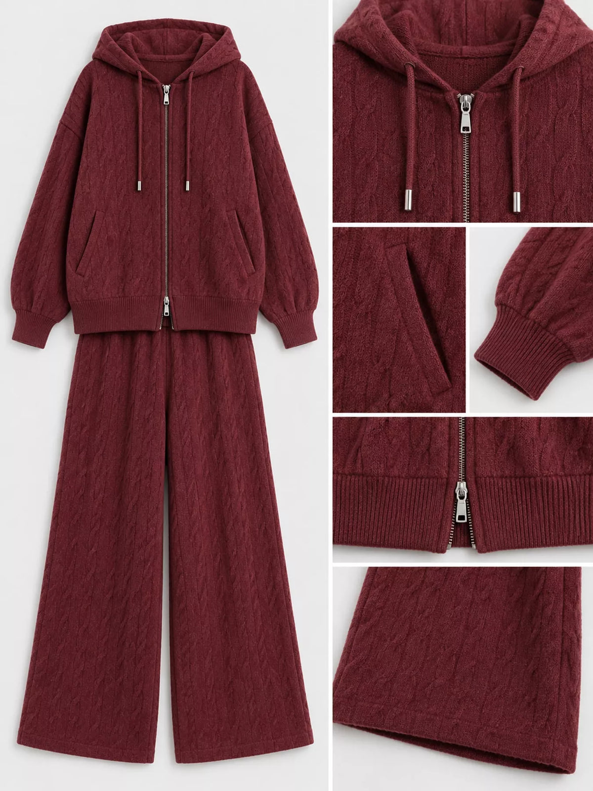 Cable Knit Zip-Up Hooded Cardigan and Wide-Leg Pants Set