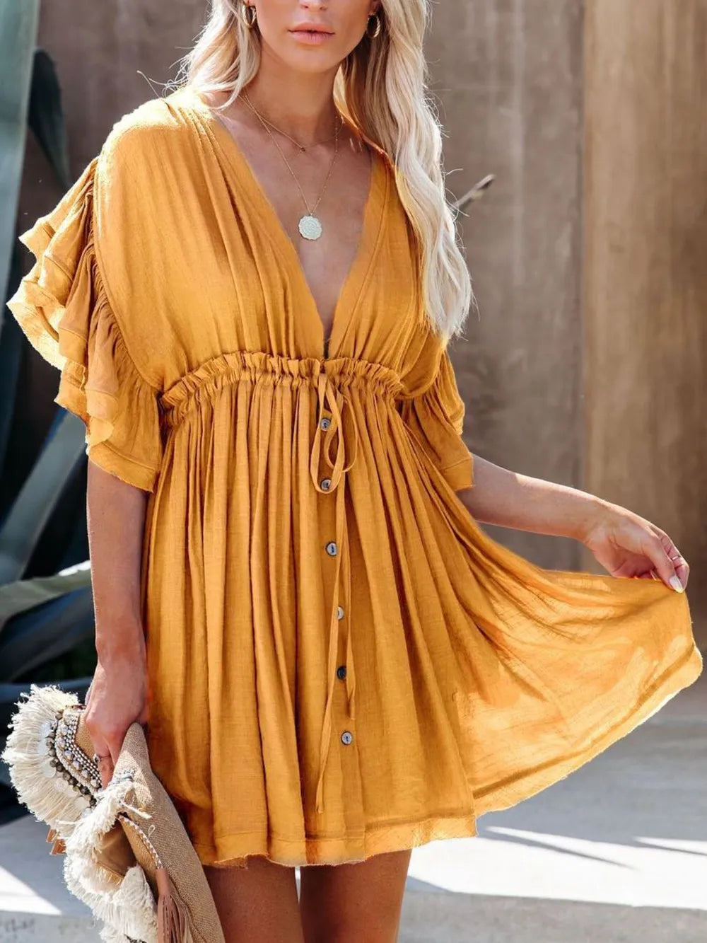 Drawstring Ruffled Mini Dress