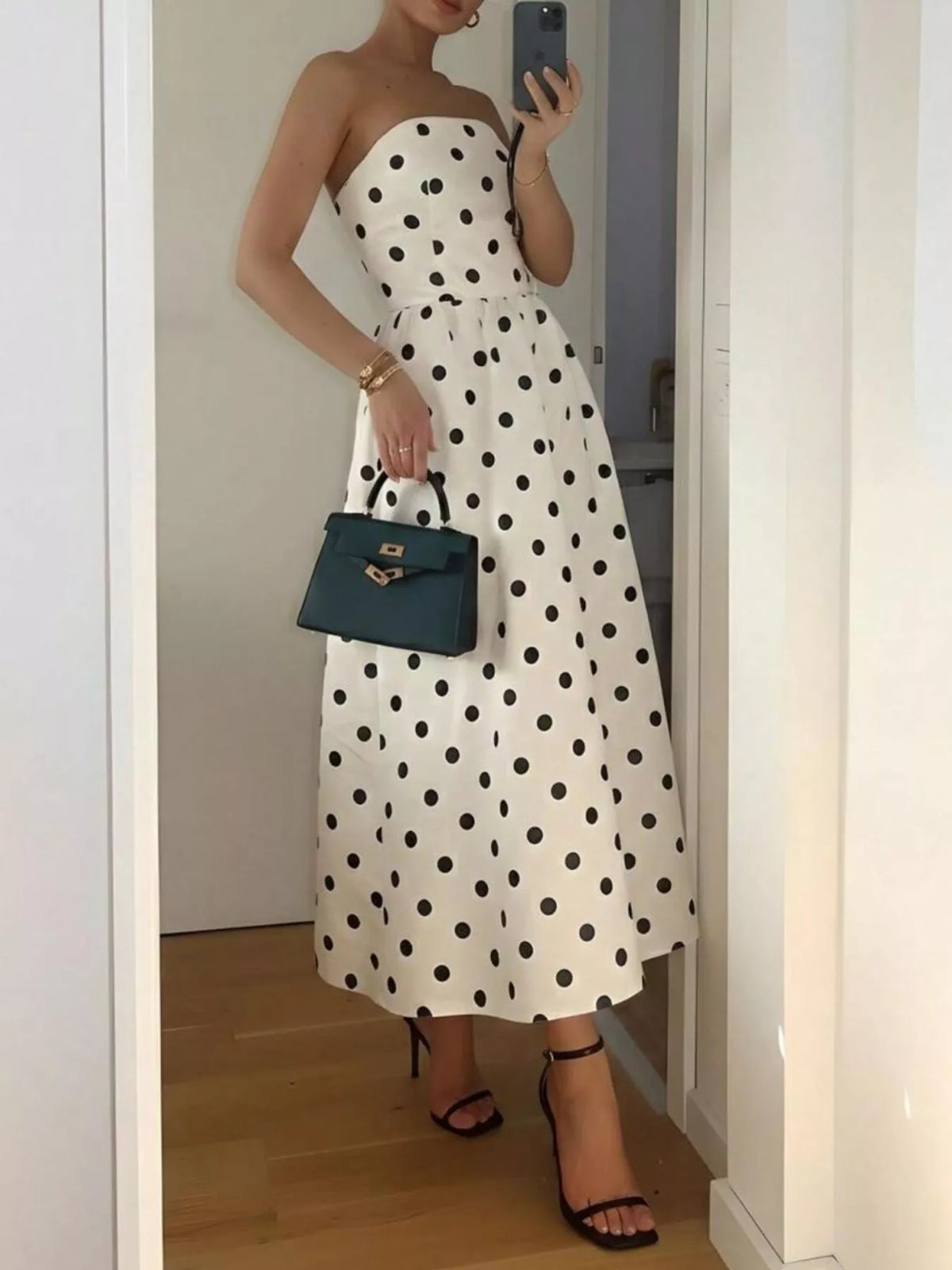 Polka Dot Strapless Midi Dress in Cream
