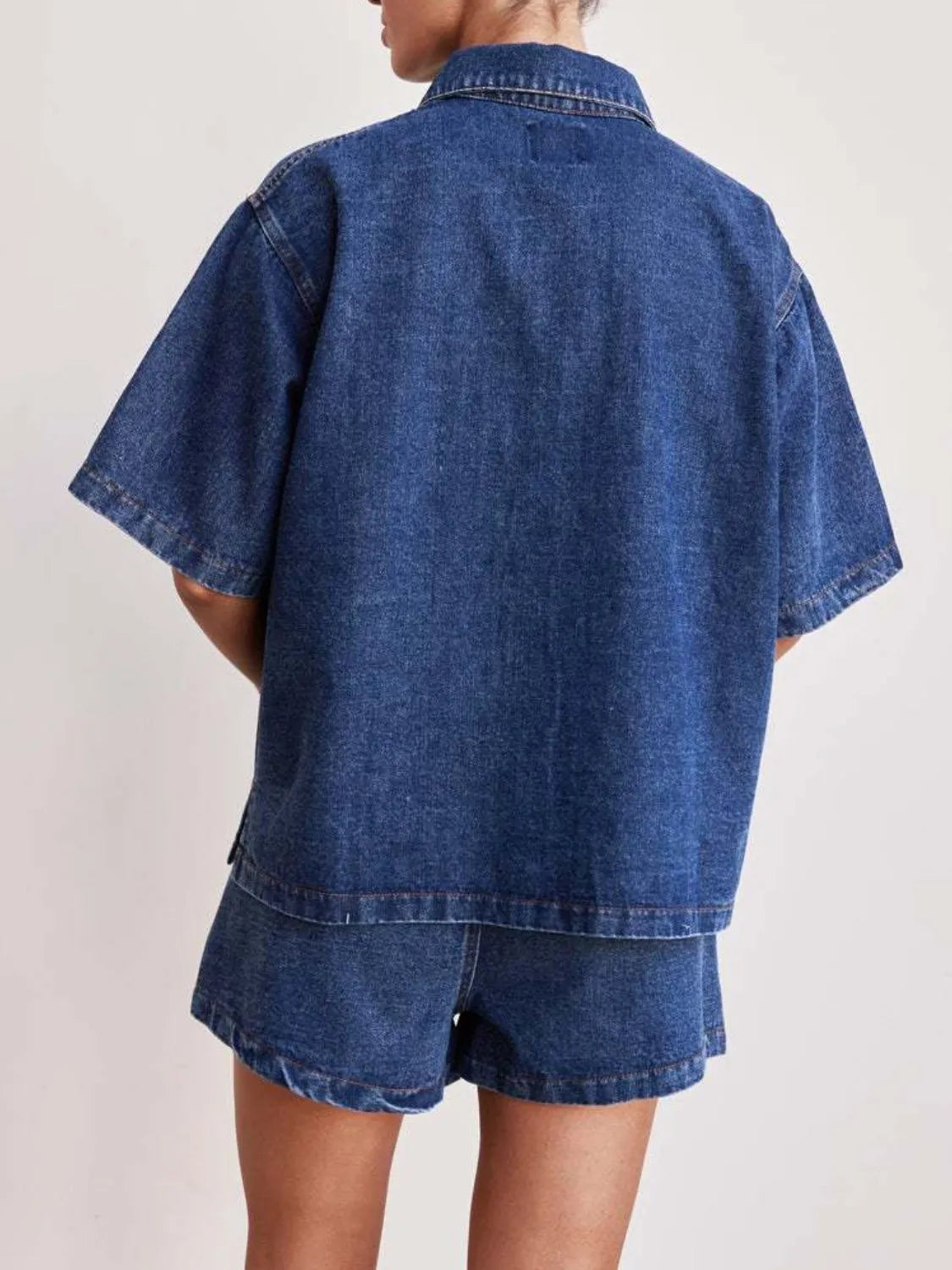 Button-Up Short Sleeve Denim Top and Shorts Set
