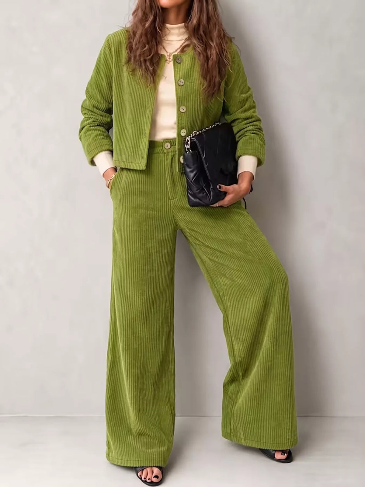 Corduroy Button-Down Jacket and Wide-Leg Pants Set
