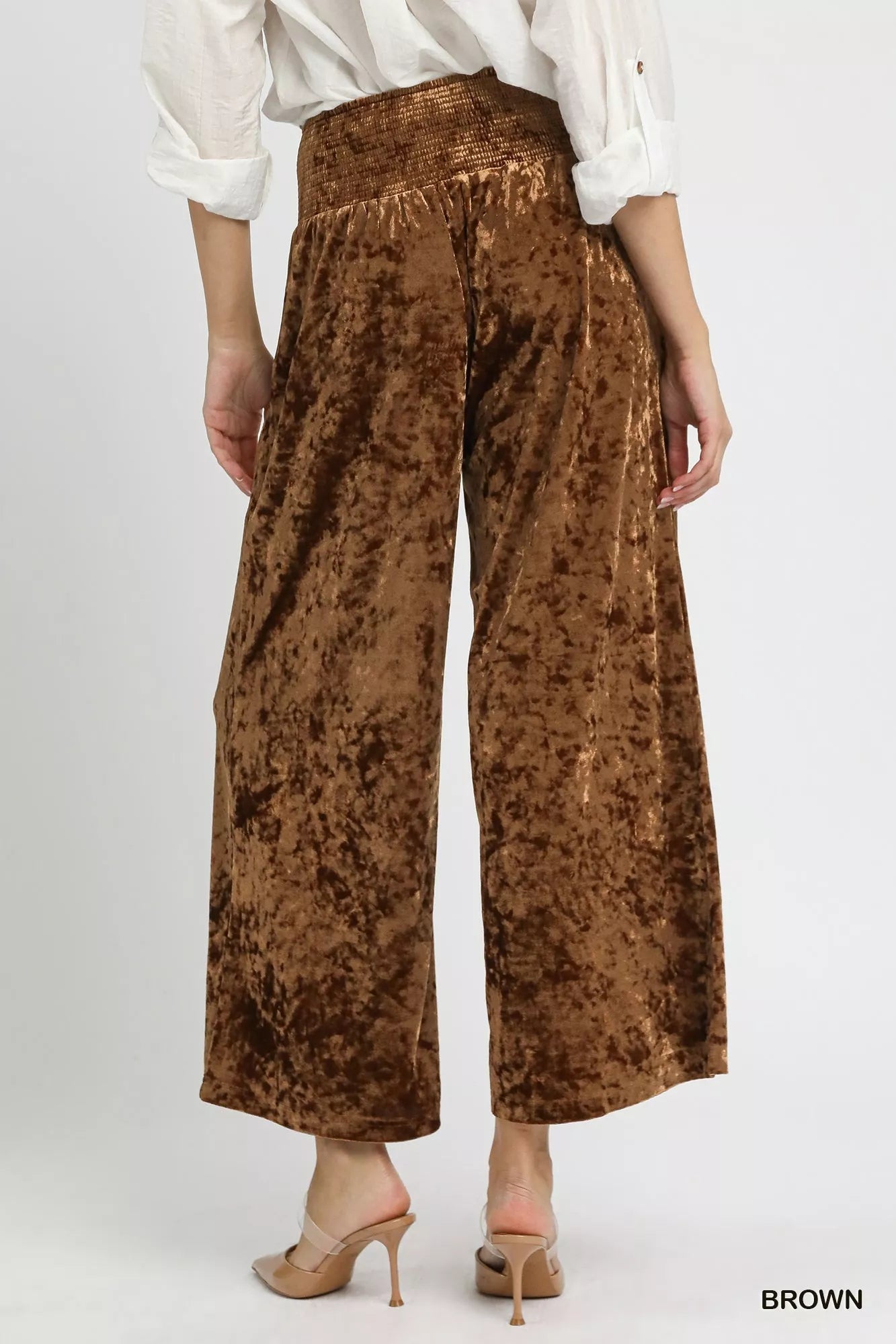 Umgee Velvet Wide-Leg Pants in Brown