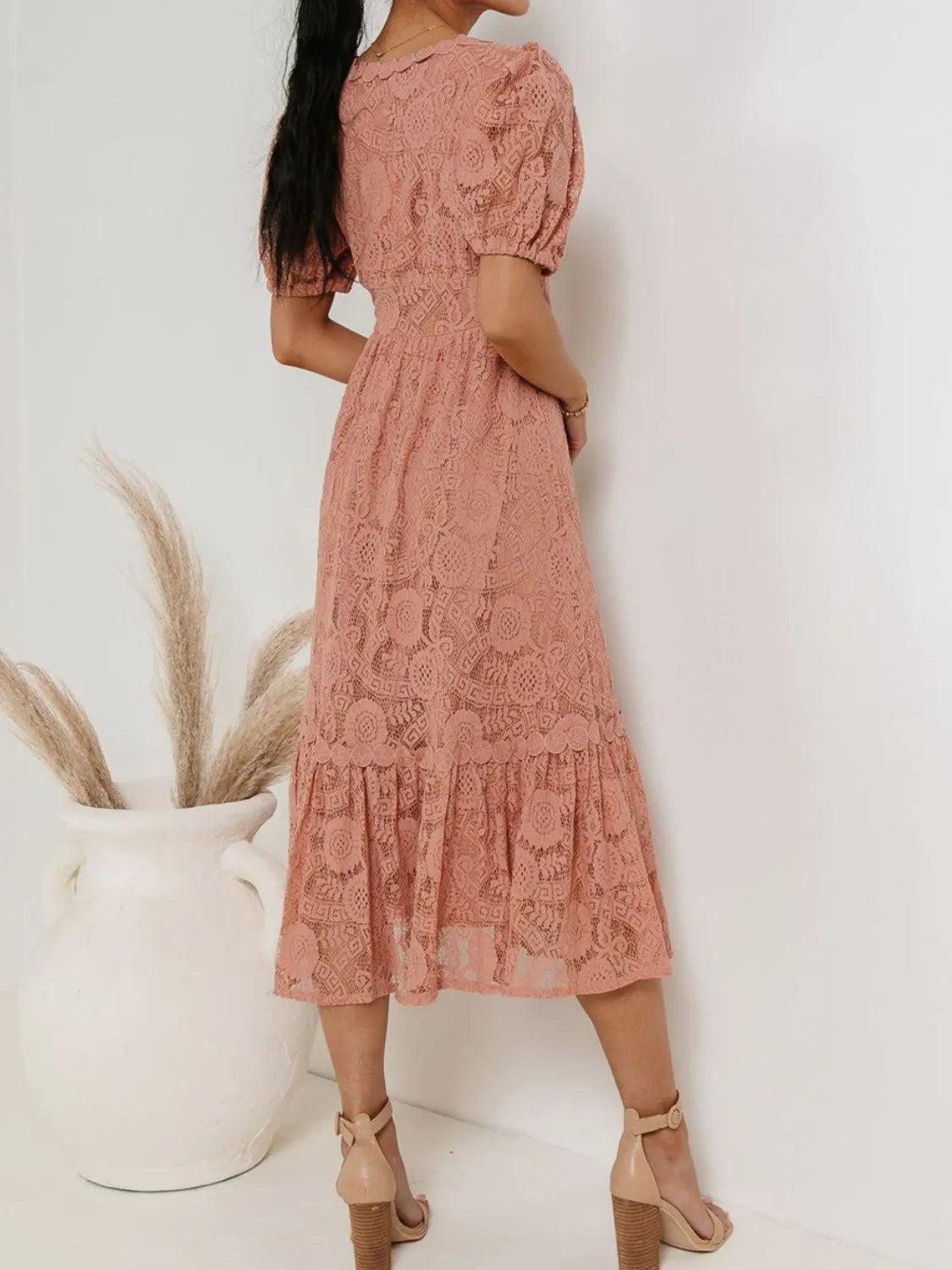Lace V-Neck Short Sleeve Dress in Dusty Pink