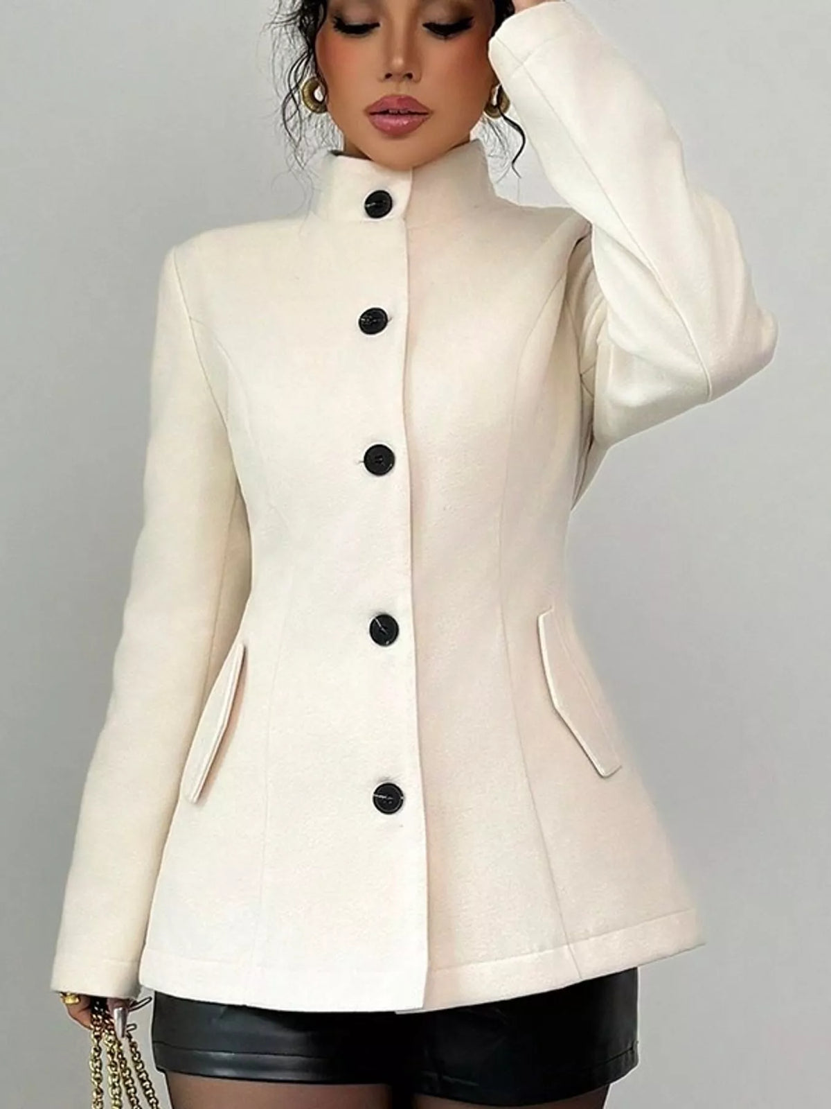 Stand-Collar Single-Breasted Jacket in Creamy White