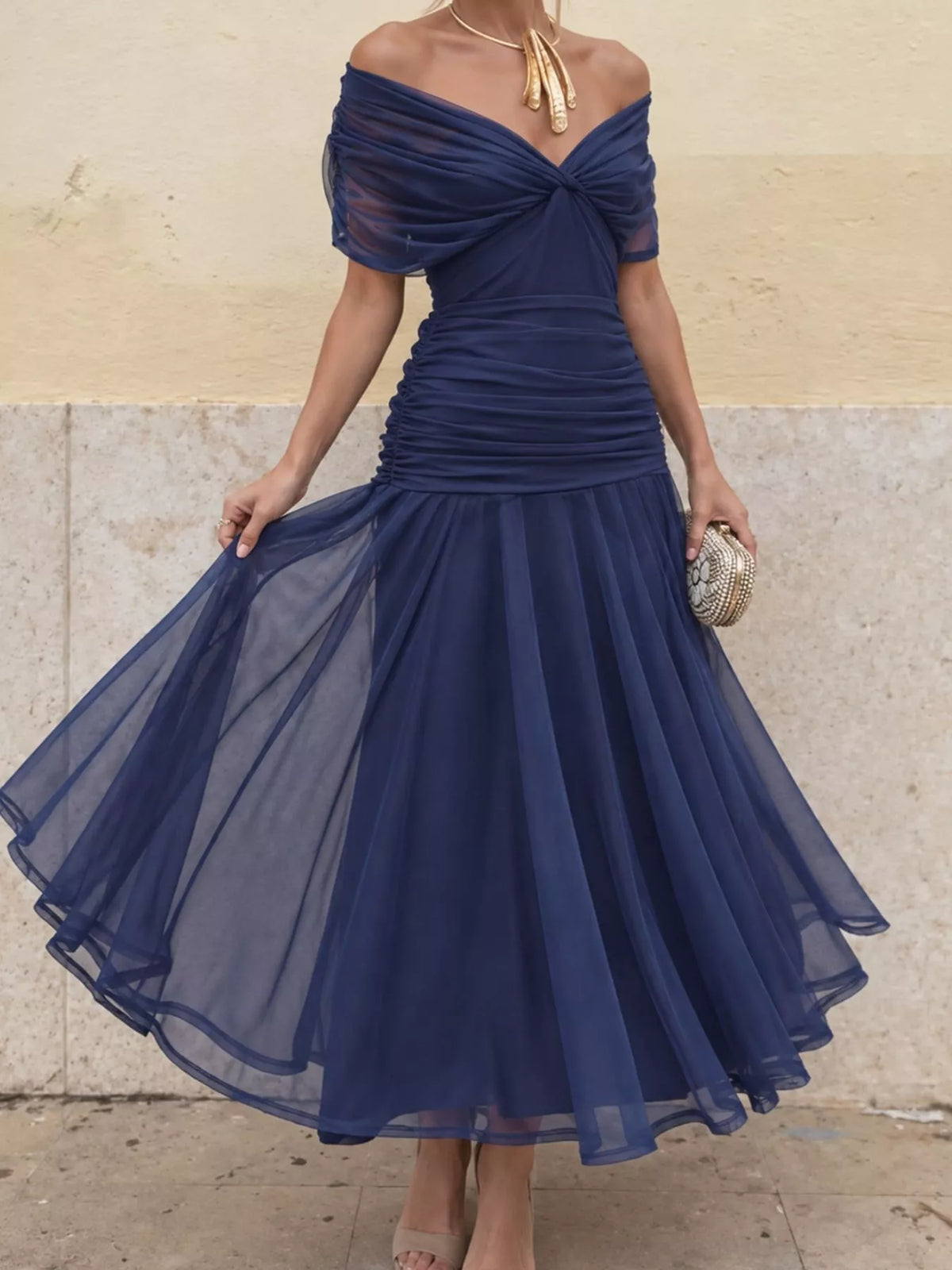 Off-Shoulder Ruched Tulle Evening Maxi Dress