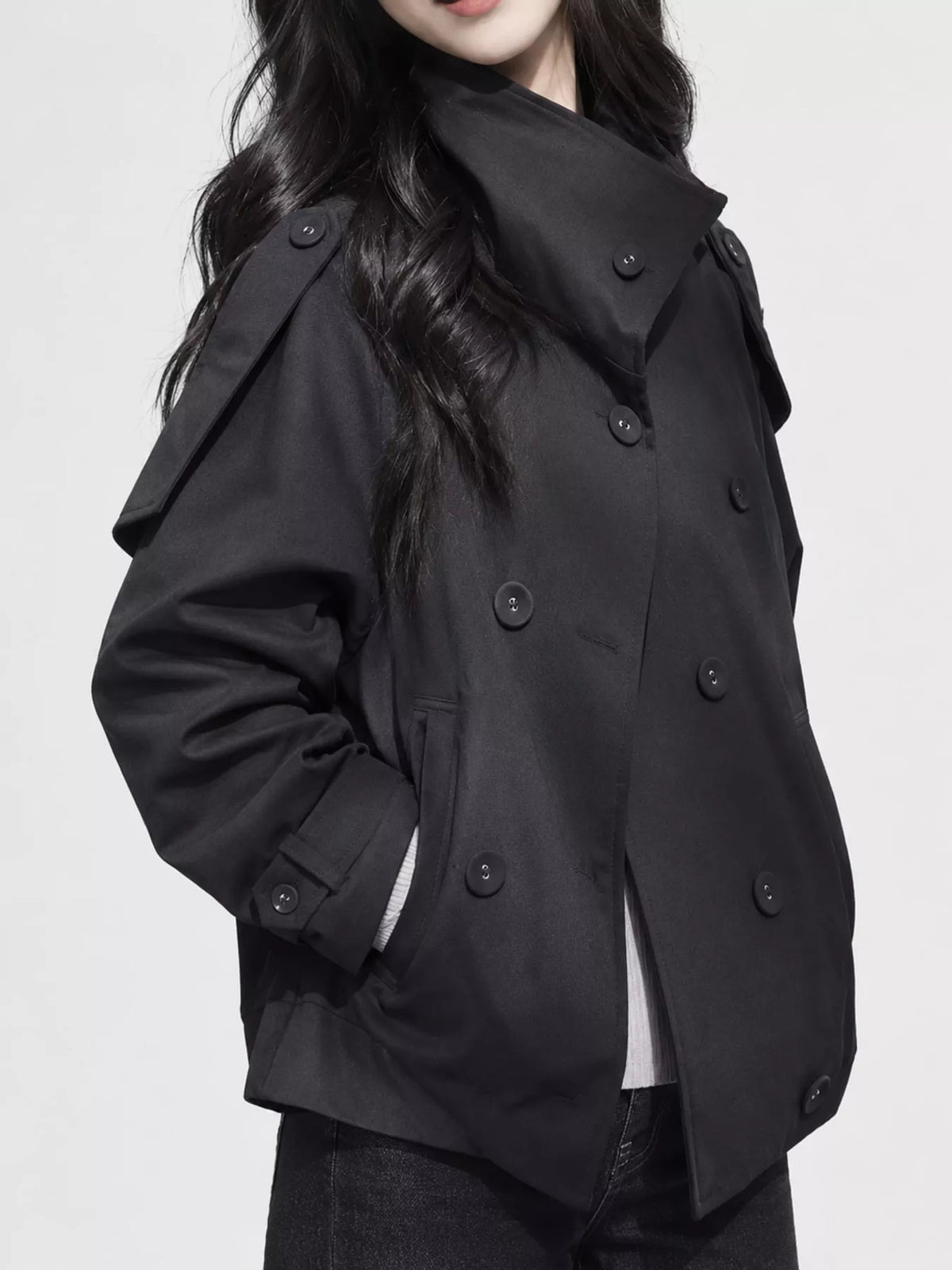 Double-Breasted Trench Jacket with Stand Collar