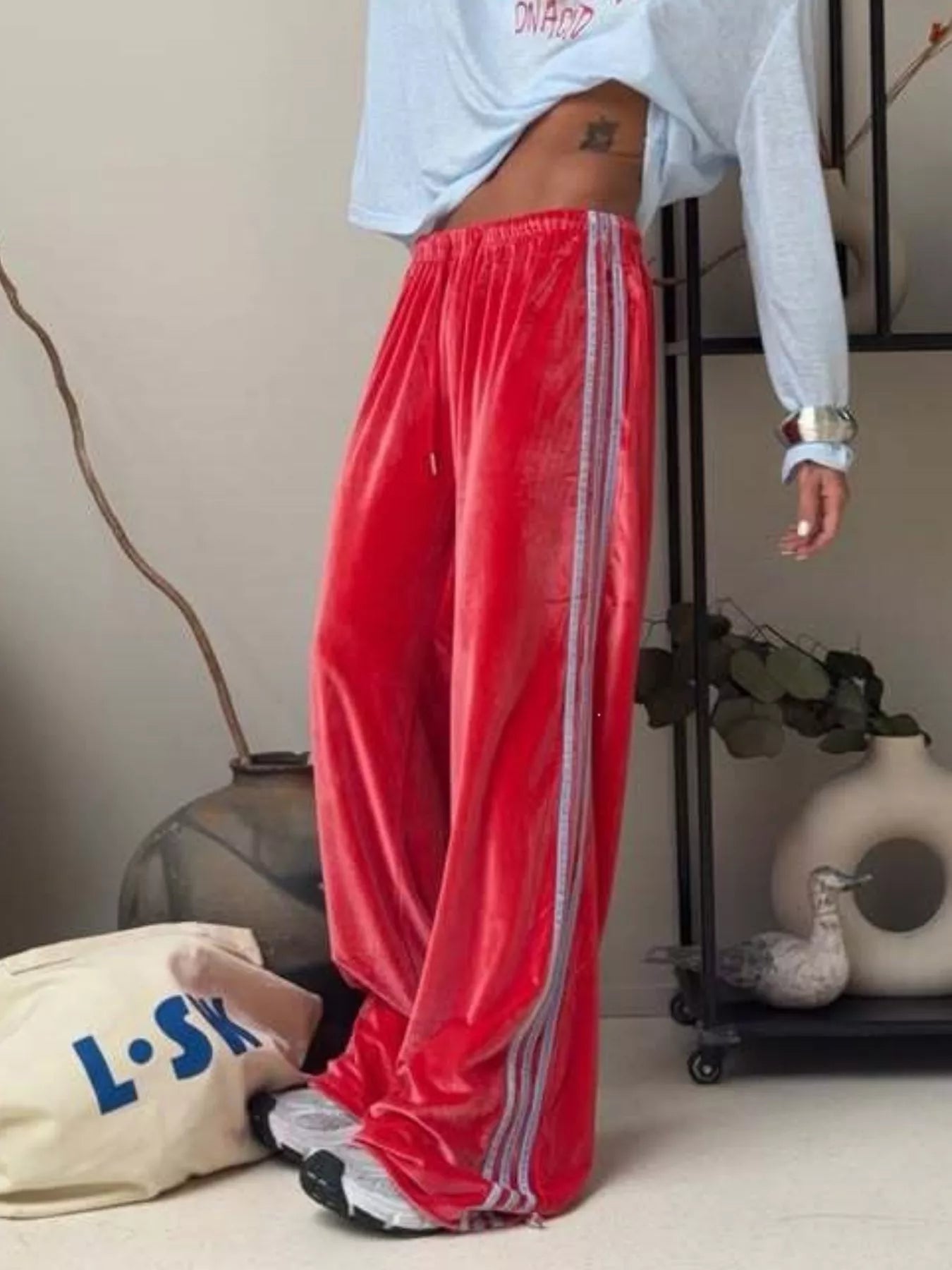 Velvet Wide-Leg Drawstring Pants