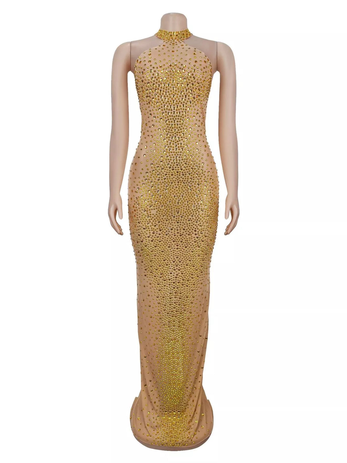 Rhinestone Embellished Mesh Dress with Back Slit in Gold