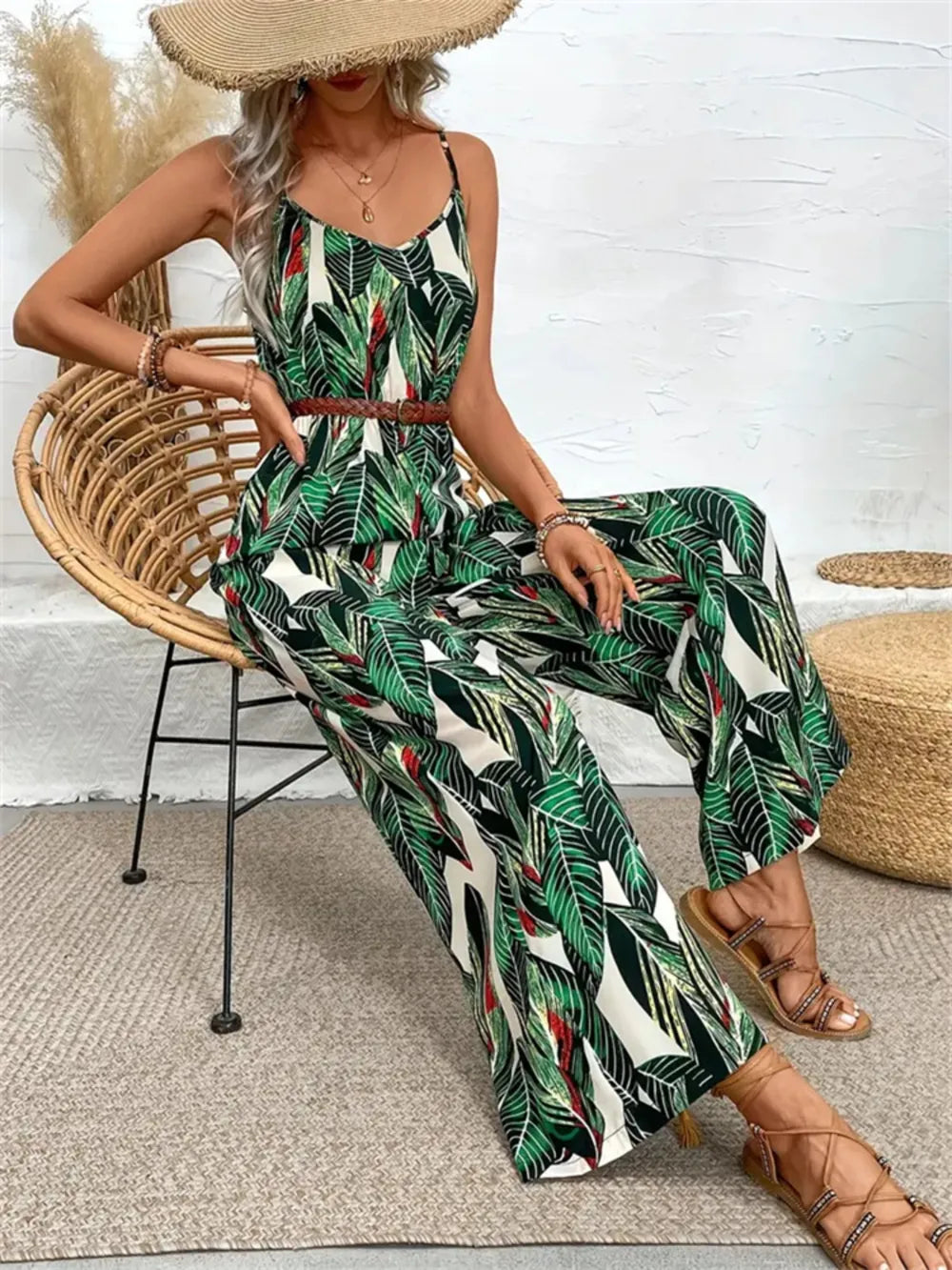 Tropical Print Wide Leg Jumpsuit in Dark Green