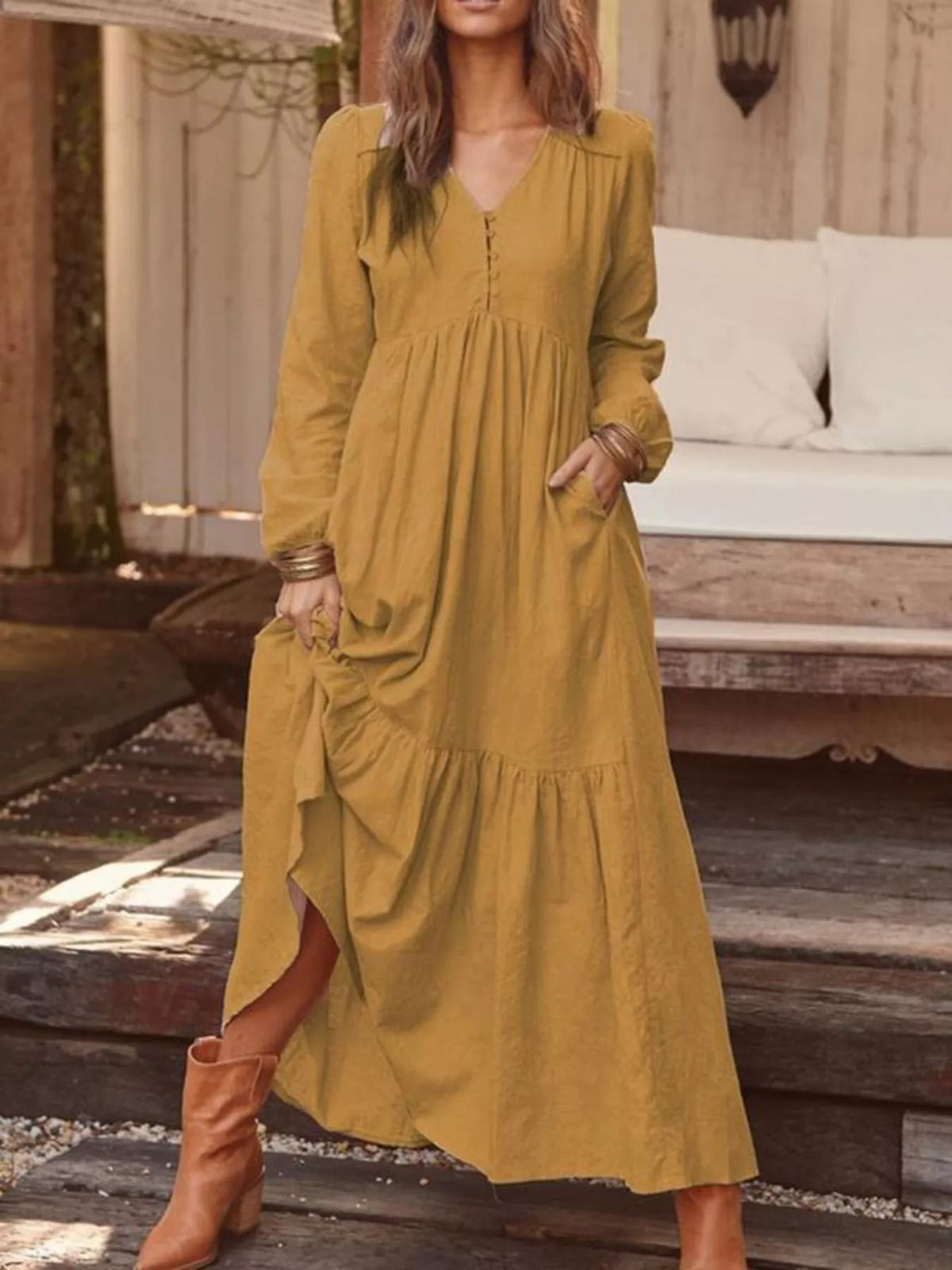 V-Neck Long Sleeve Tiered Maxi Dress with Pockets
