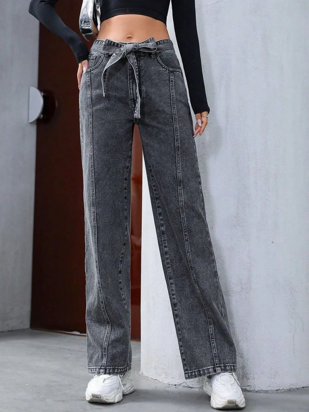 Tied Straight Leg Jeans with Pockets in Dark Gray