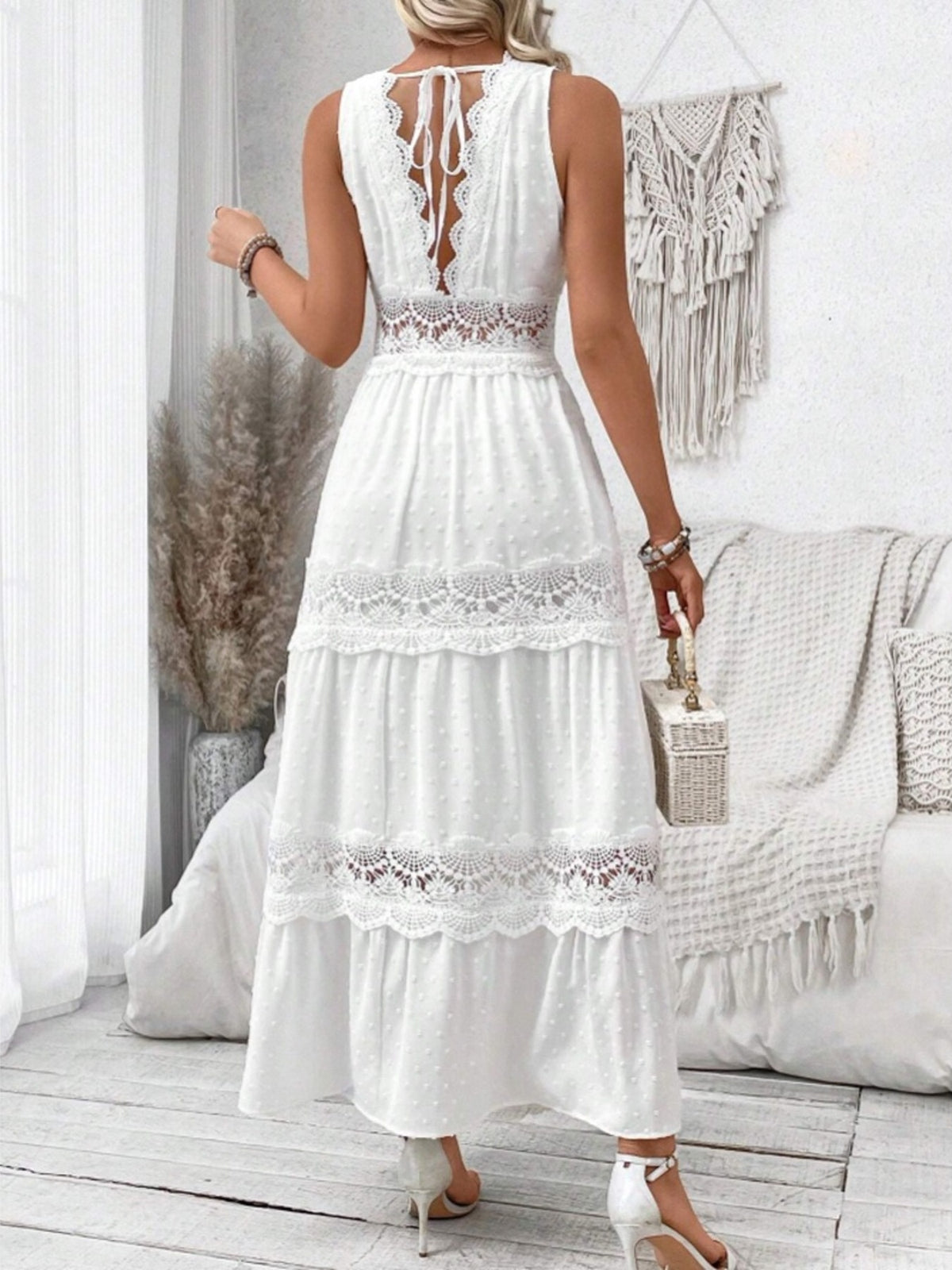 Lace Swiss Dot Sleeveless Maxi Dress in White