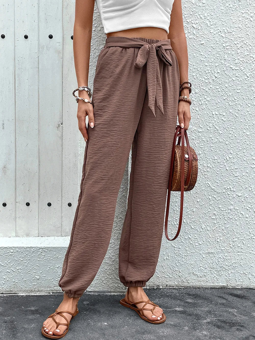 Tied High-Waist Pants with Pockets in Brown
