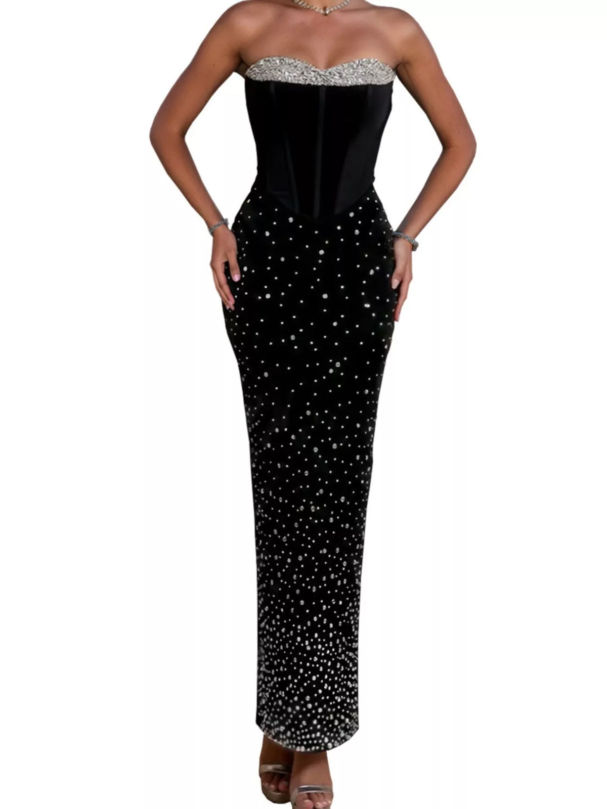 Rhinestone Slit Tube Maxi Dress in Black