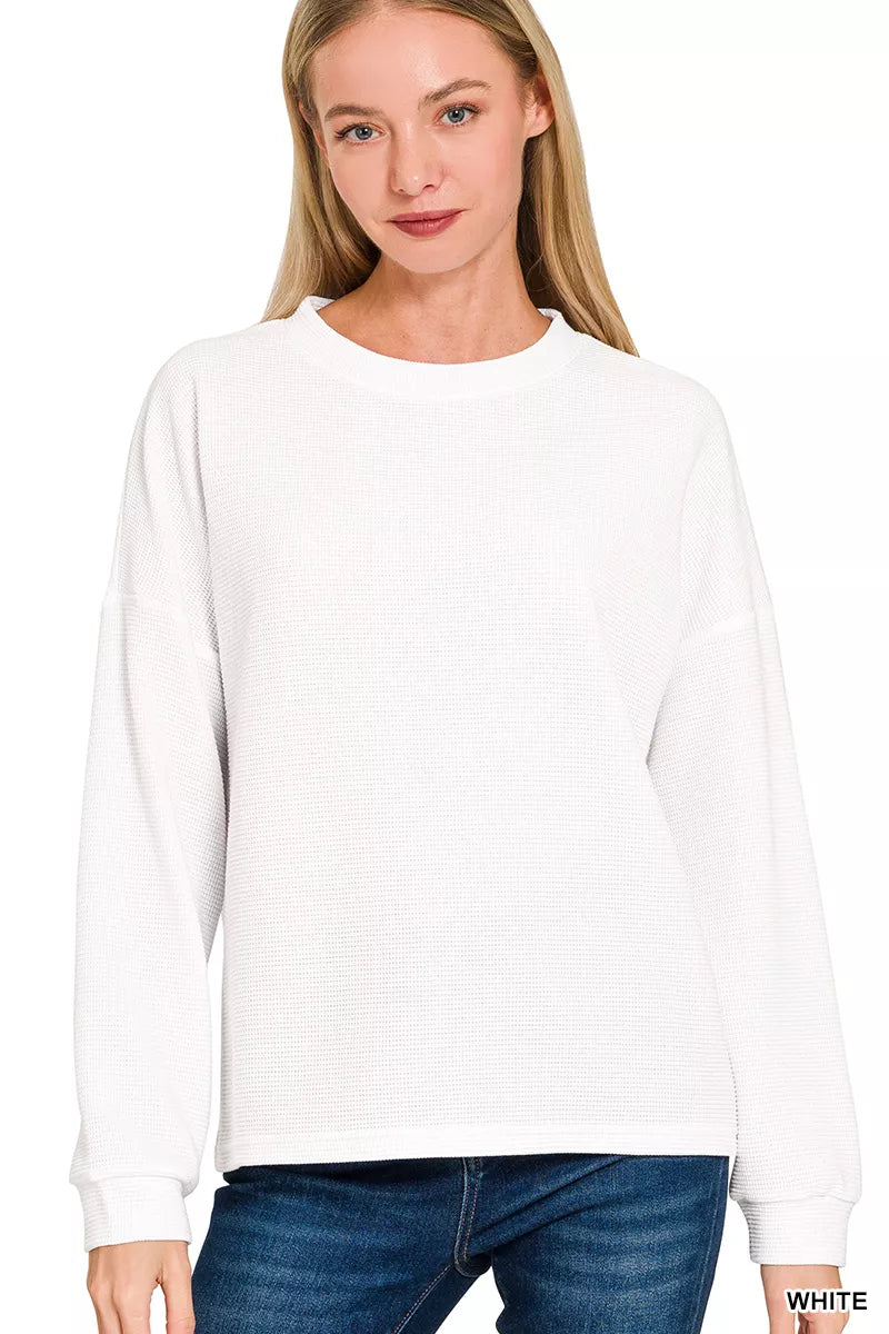 Zenana Double Knit Round Neck Long Sleeve Top in White