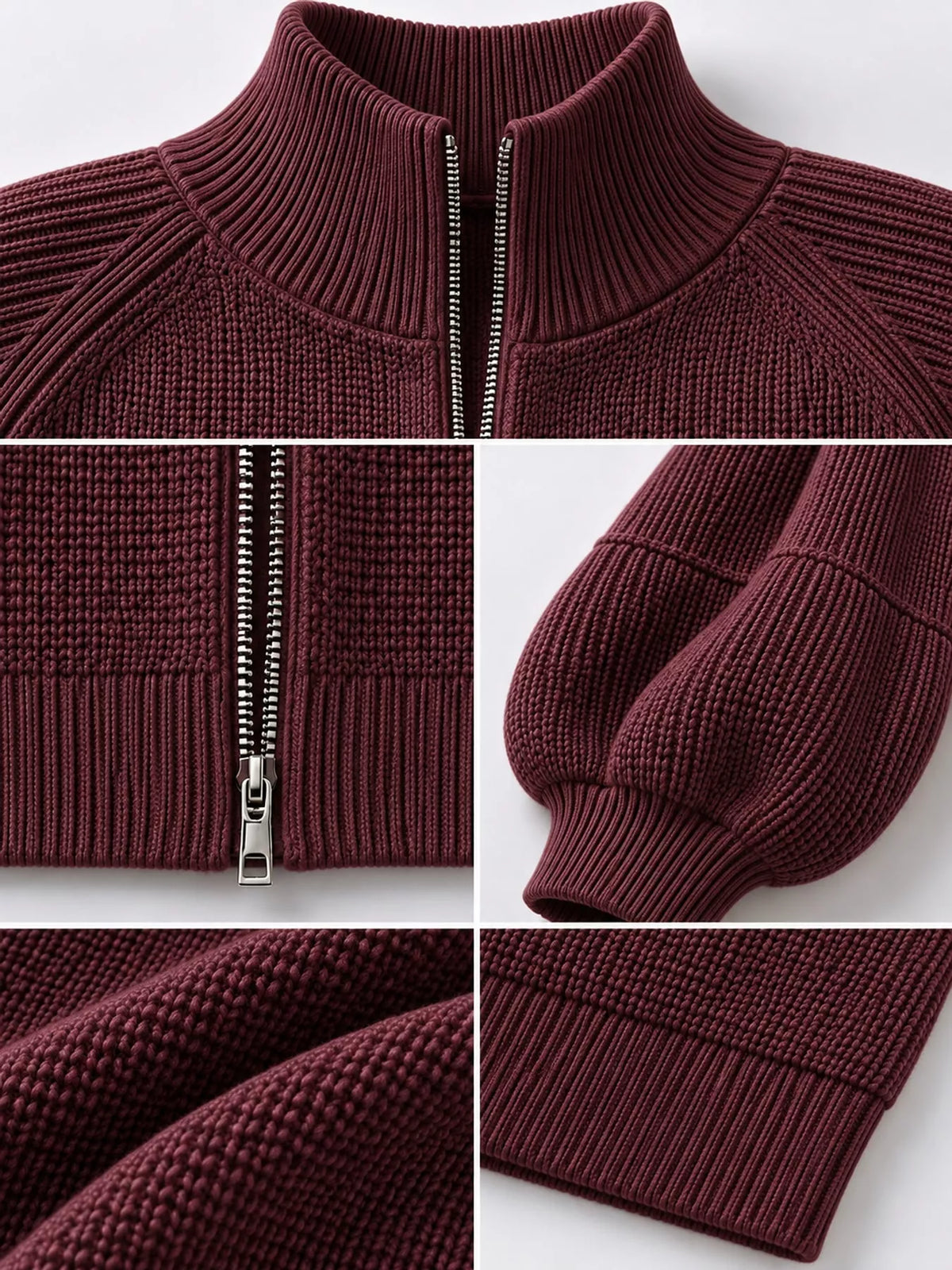 Ribbed Knit Zip-Up Cardigan with Lantern Sleeves