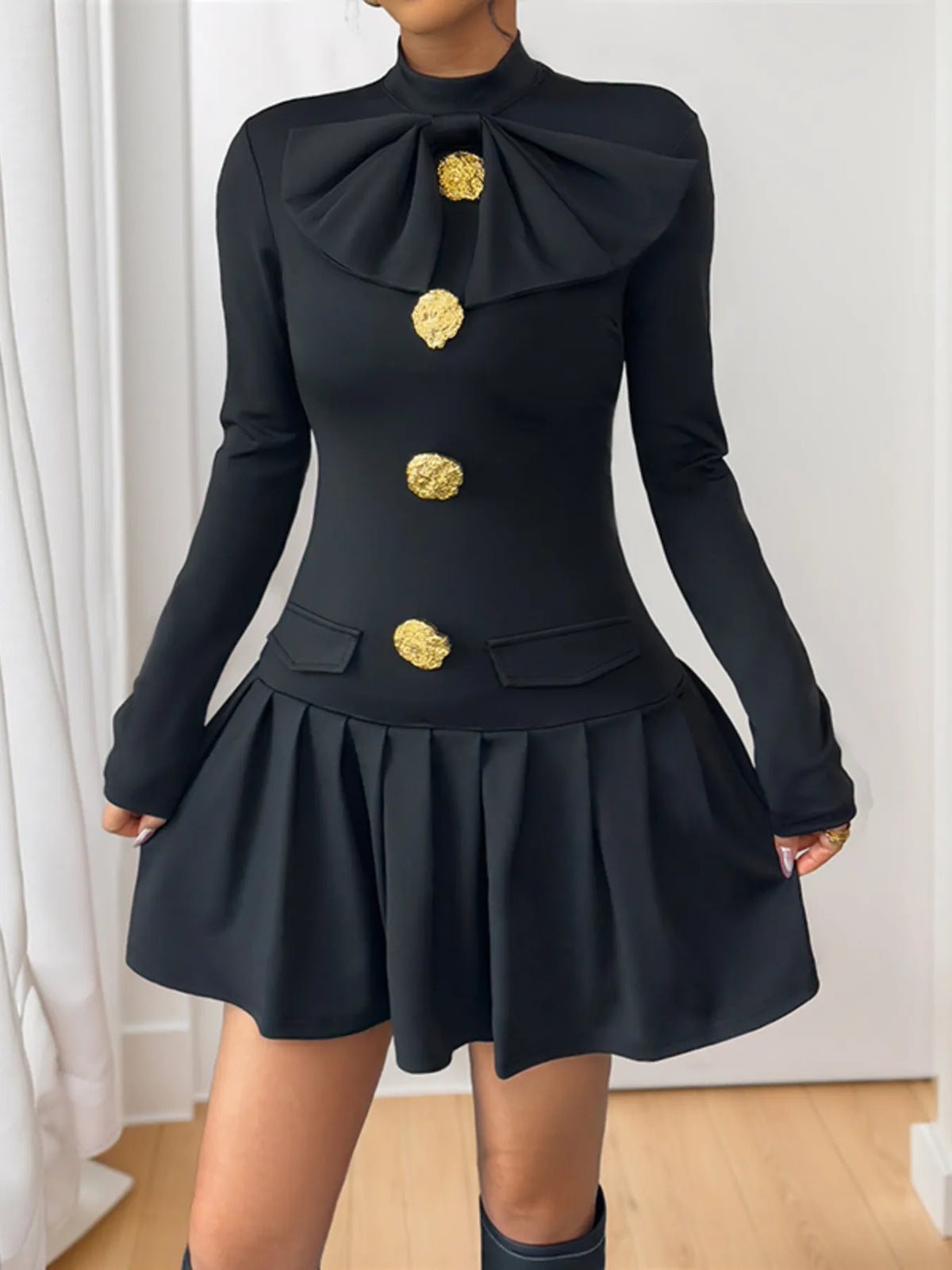 Decorative Button Mock Neck Mini Dress in Black