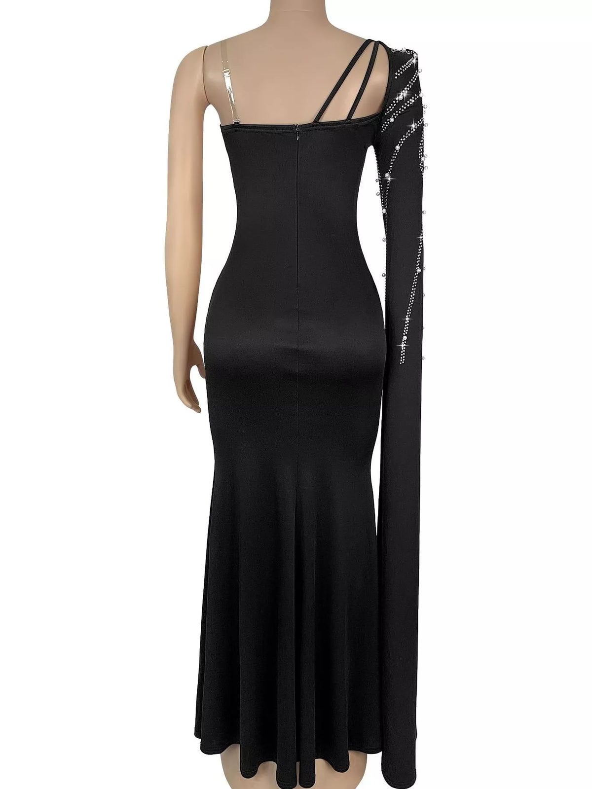 Rhinestone Pearl One-Shoulder Mermaid Dress in Black