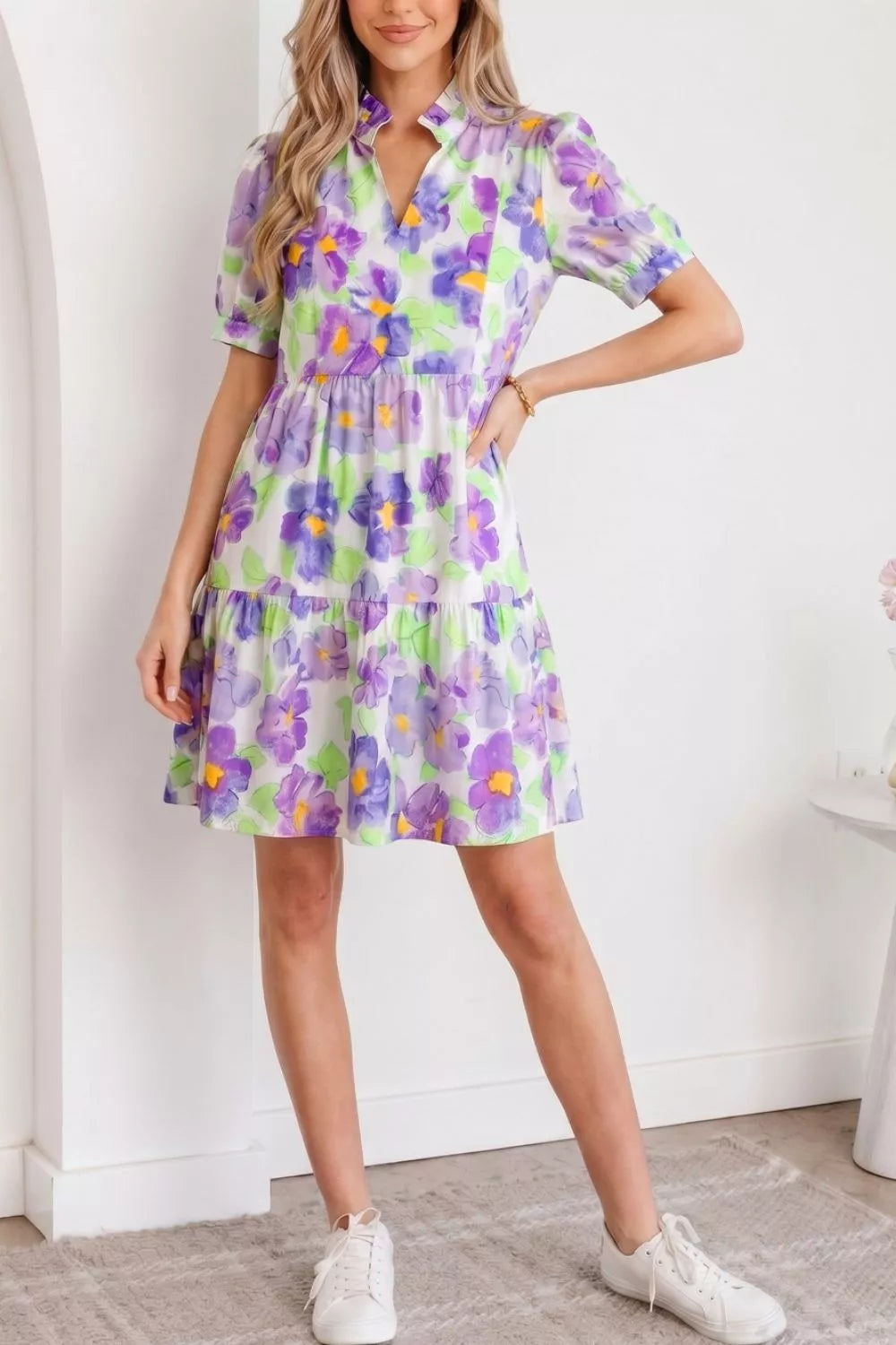 Floral Tiered Ruffle Mini Dress in Lilac