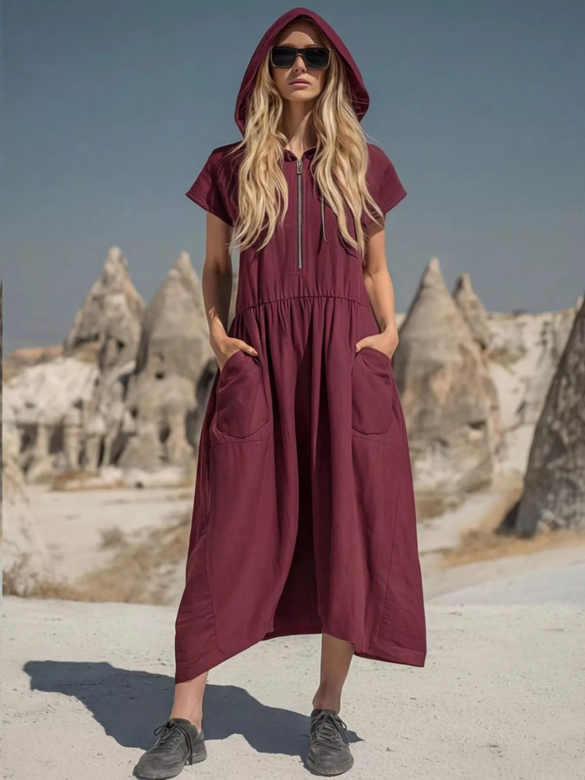 Hooded Midi Dress with Pockets