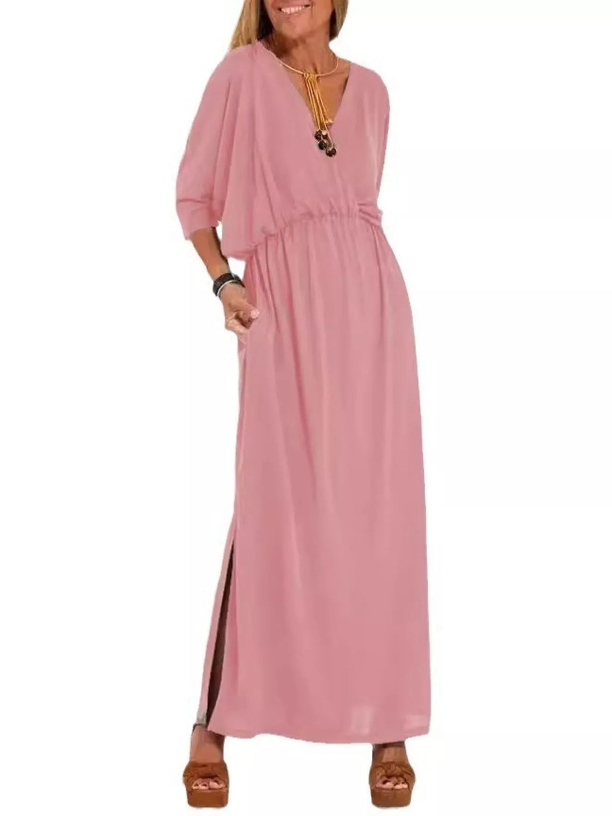 V-Neck Batwing Sleeve Maxi Dress with Pockets
