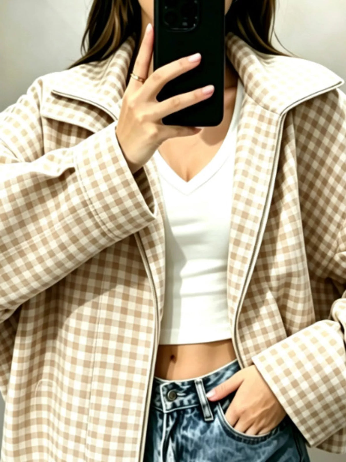 Oversized Plaid Zip-Up Jacket