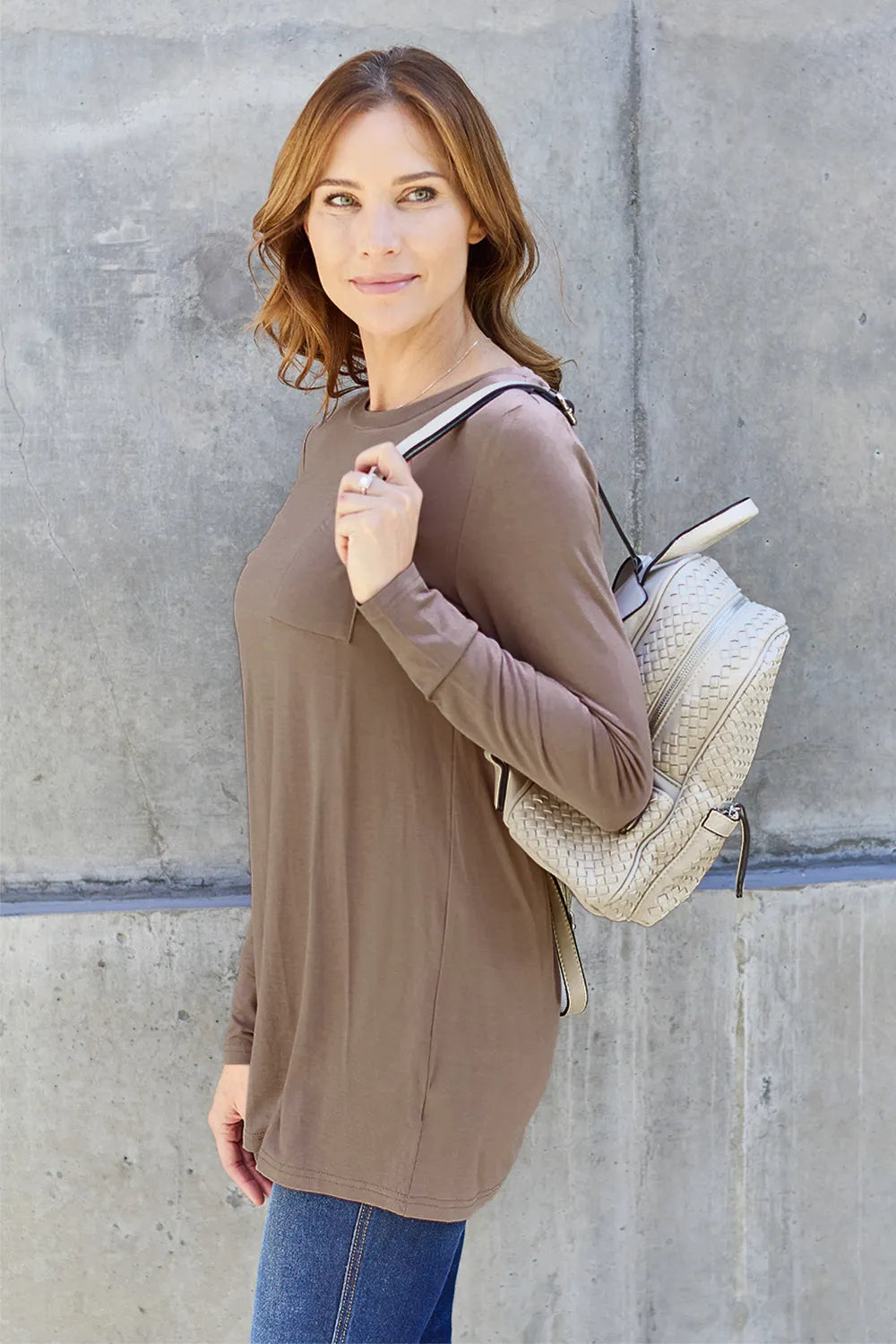 Basic Bae Pocketed Round Neck Long Sleeve Top