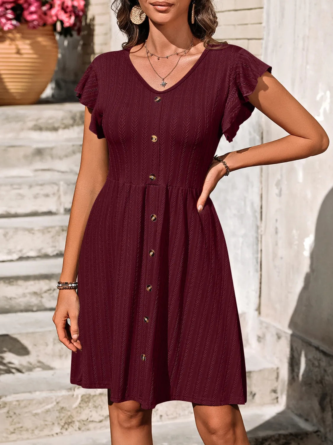 V-Neck Ruffled Cap Sleeve Dress