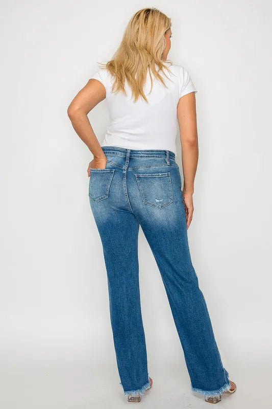 Raw Hem Distressed Mid Rise Straight Jeans in Medium Wash