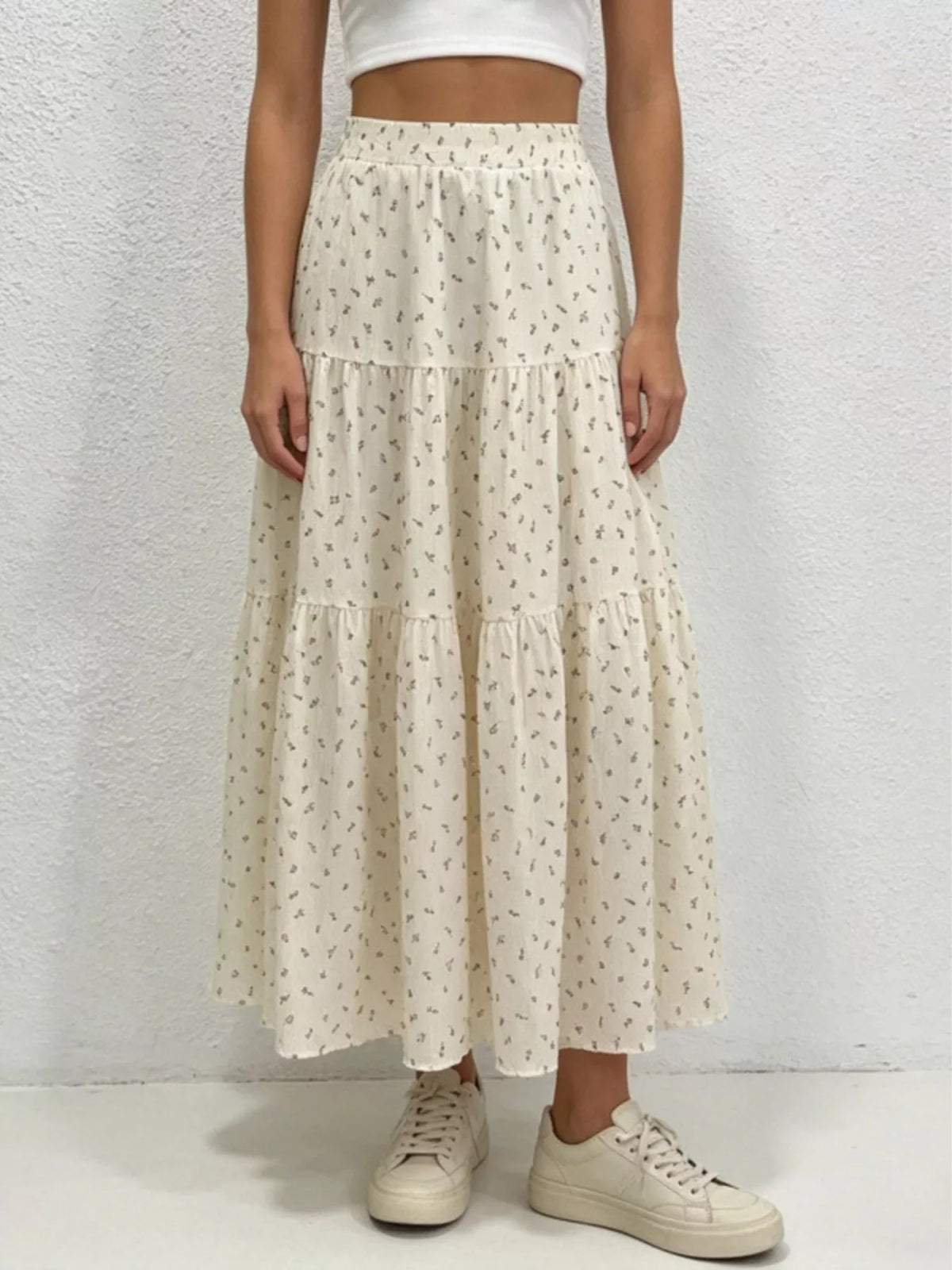 Beige Floral Print Tiered Maxi Skirt