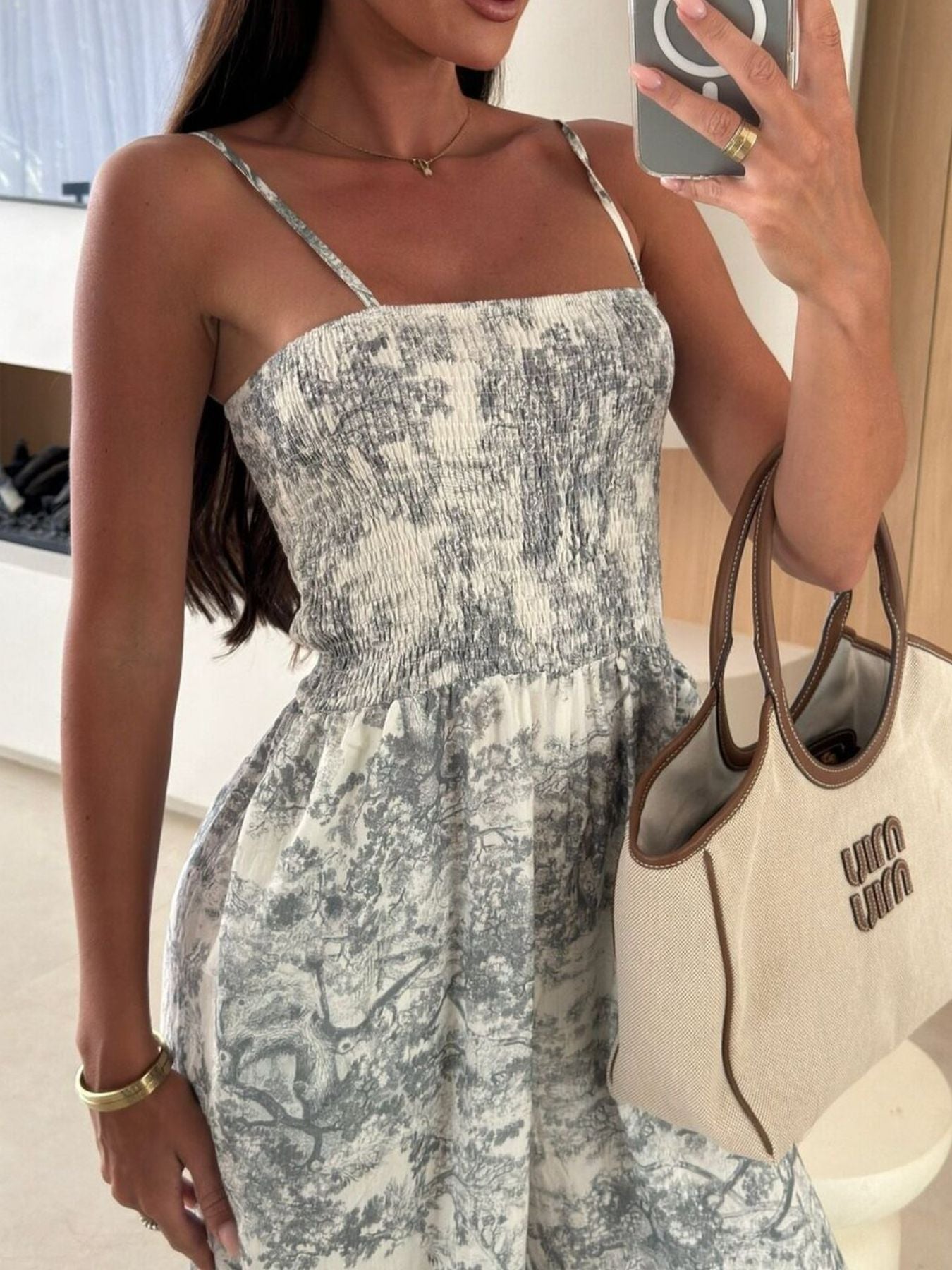 Printed Smocked Wide-Leg Jumpsuit