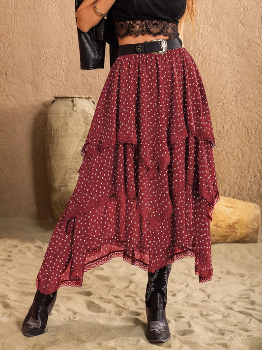 Lace Detail Layered Skirt in Burgundy