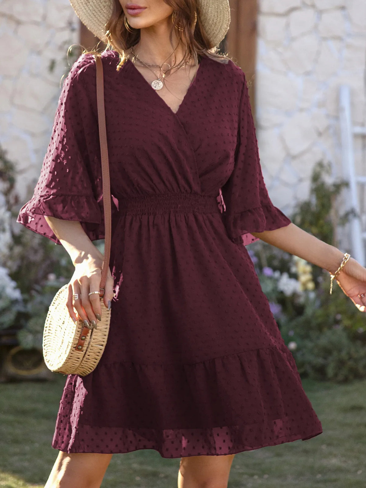 Swiss Dot Flare Sleeve Wrap Dress in Light Blue by Elaine