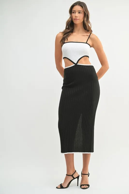 Ribbed Color Block Cutout Midi Dress in Black