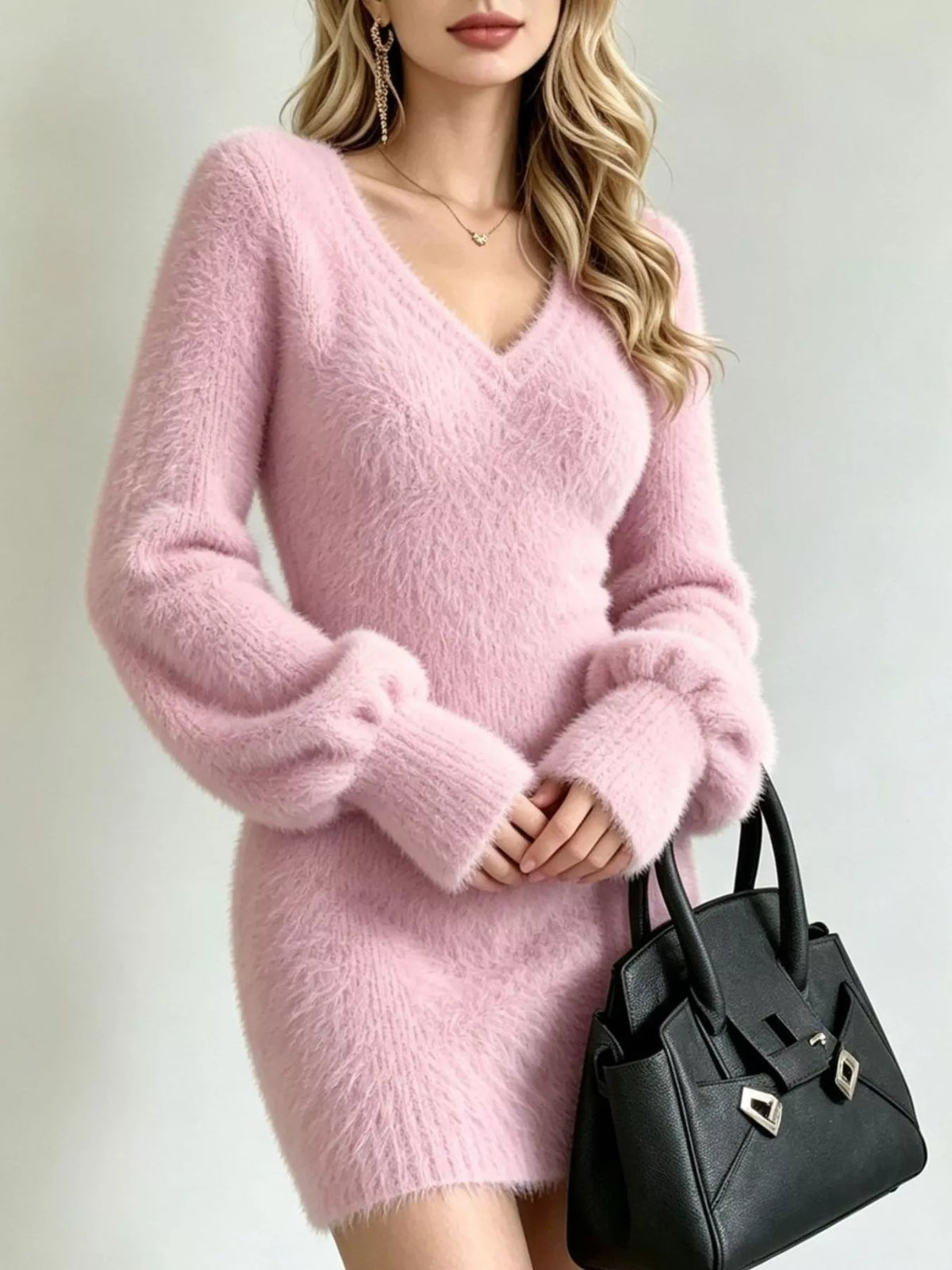 Fuzzy V-Neck Long Sleeve Sweater Dress