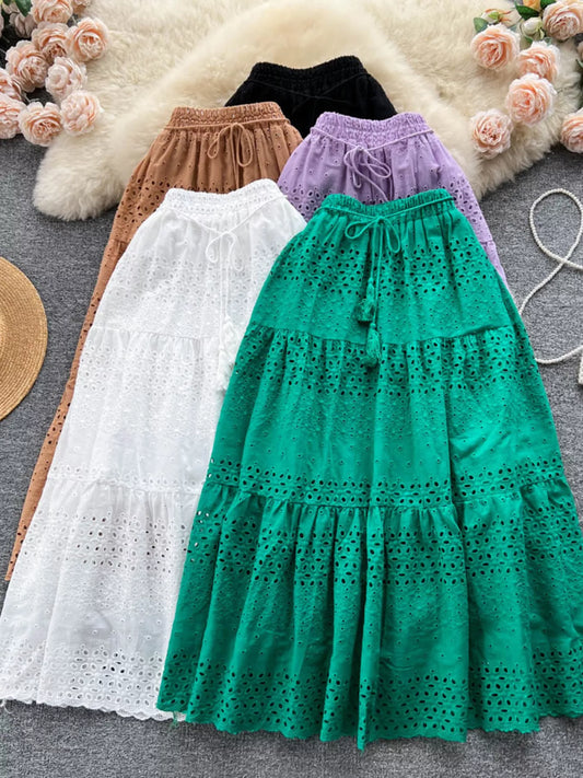 Eyelet Cutout Tiered Maxi Skirt