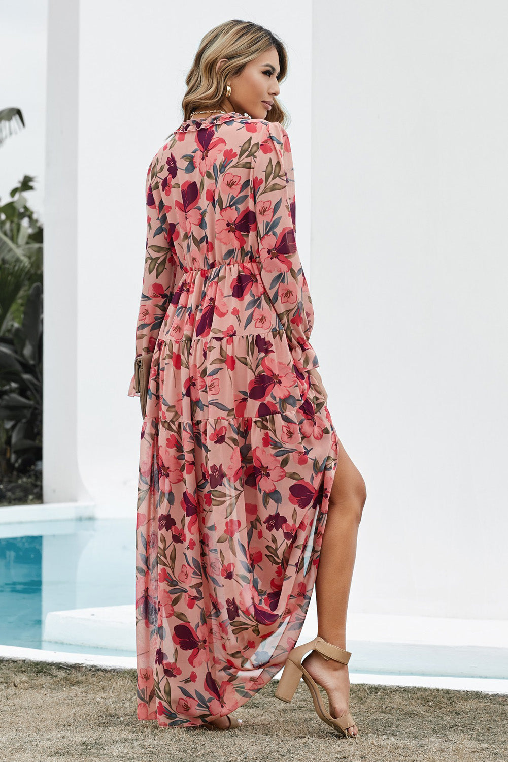 Floral Frill-Trim Plunge Maxi Dress